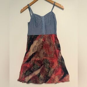 Two-Tone Mini Sundress with Chambray Bodice and Pink Print Skirt